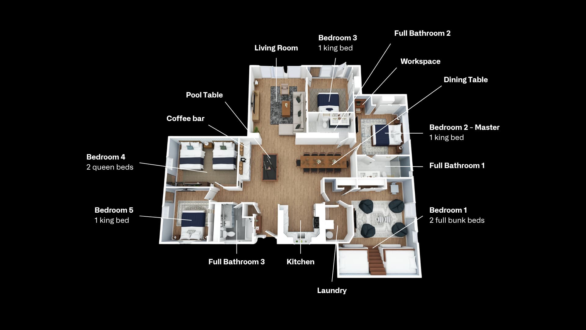 Transparent 3D floor model of The Resort with rooms and amenities labelled