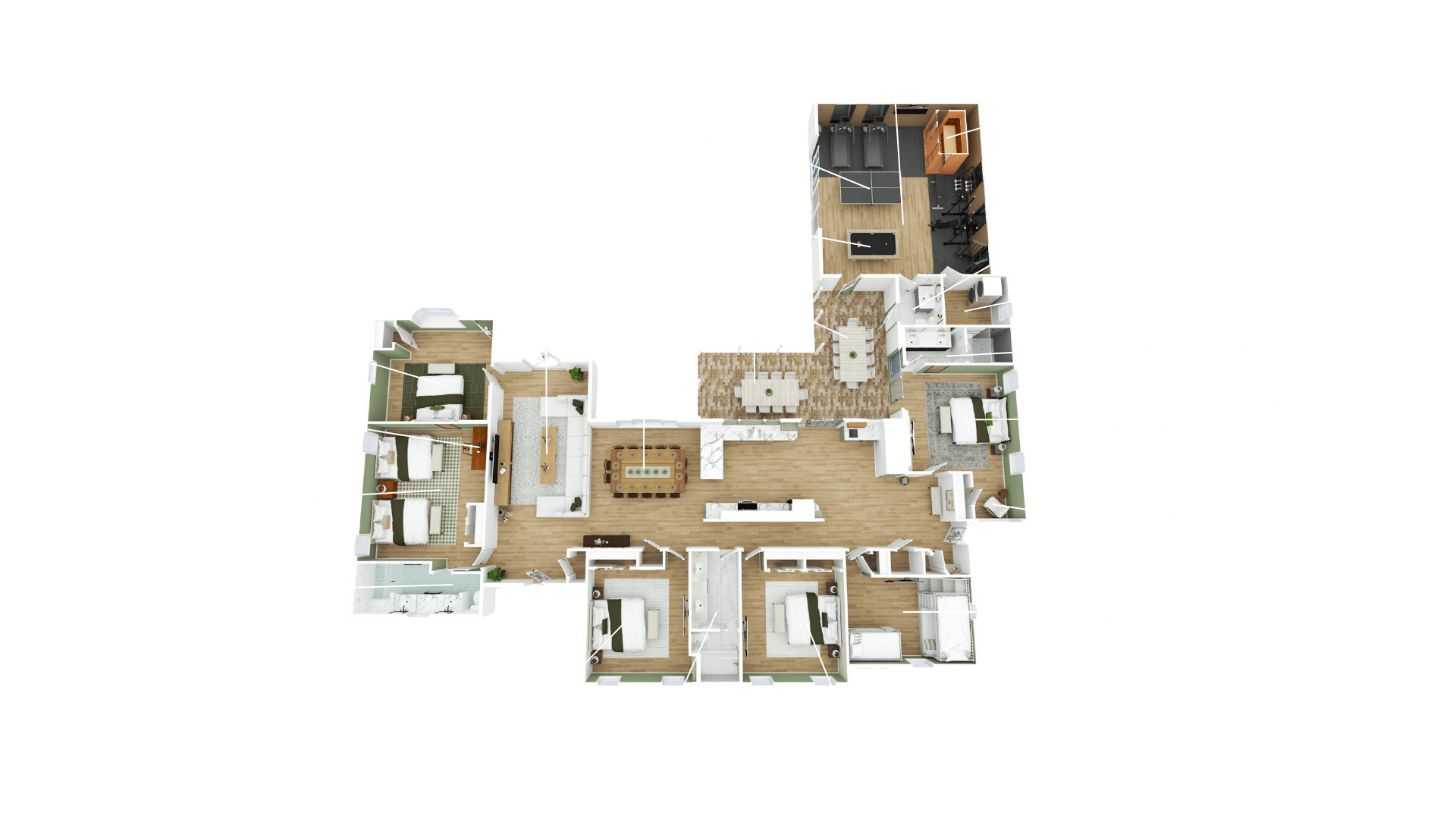 Transparent 3D floor model of The Villa with rooms and amenities labelled